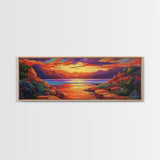 Rocky Sunset, Tranquil Cove, Mountain Glow, Ocean Calm, Framed Canvas Print, vivid sunset art, nature escape, living room decor