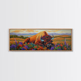 Resting Bison, Sunset Plains, Prairie Wildflowers, Framed Canvas Print, Autumn Decor, Western Wall Art, Cabin Living Room Accent