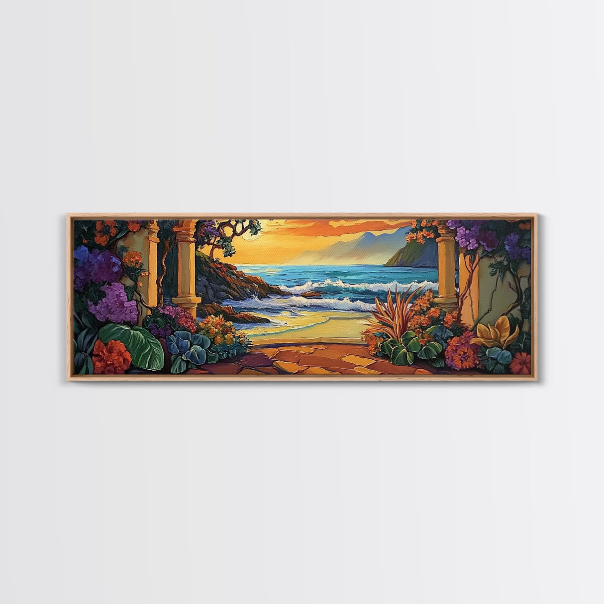 Ocean Escape, Sunset Garden, Floral Coastal Scene, Mediterranean Vibes, Framed Canvas Print, Kitchen Wall Art, Bold Color Artwork