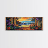 Ocean Escape, Sunset Garden, Floral Coastal Scene, Mediterranean Vibes, Framed Canvas Print, Kitchen Wall Art, Bold Color Artwork