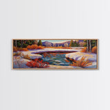 Snowy Mountain Pond, Winter Forest Stream, Sunset Reflection, Canvas Print, Rustic Cabin Wall Art, Nature Landscape Art