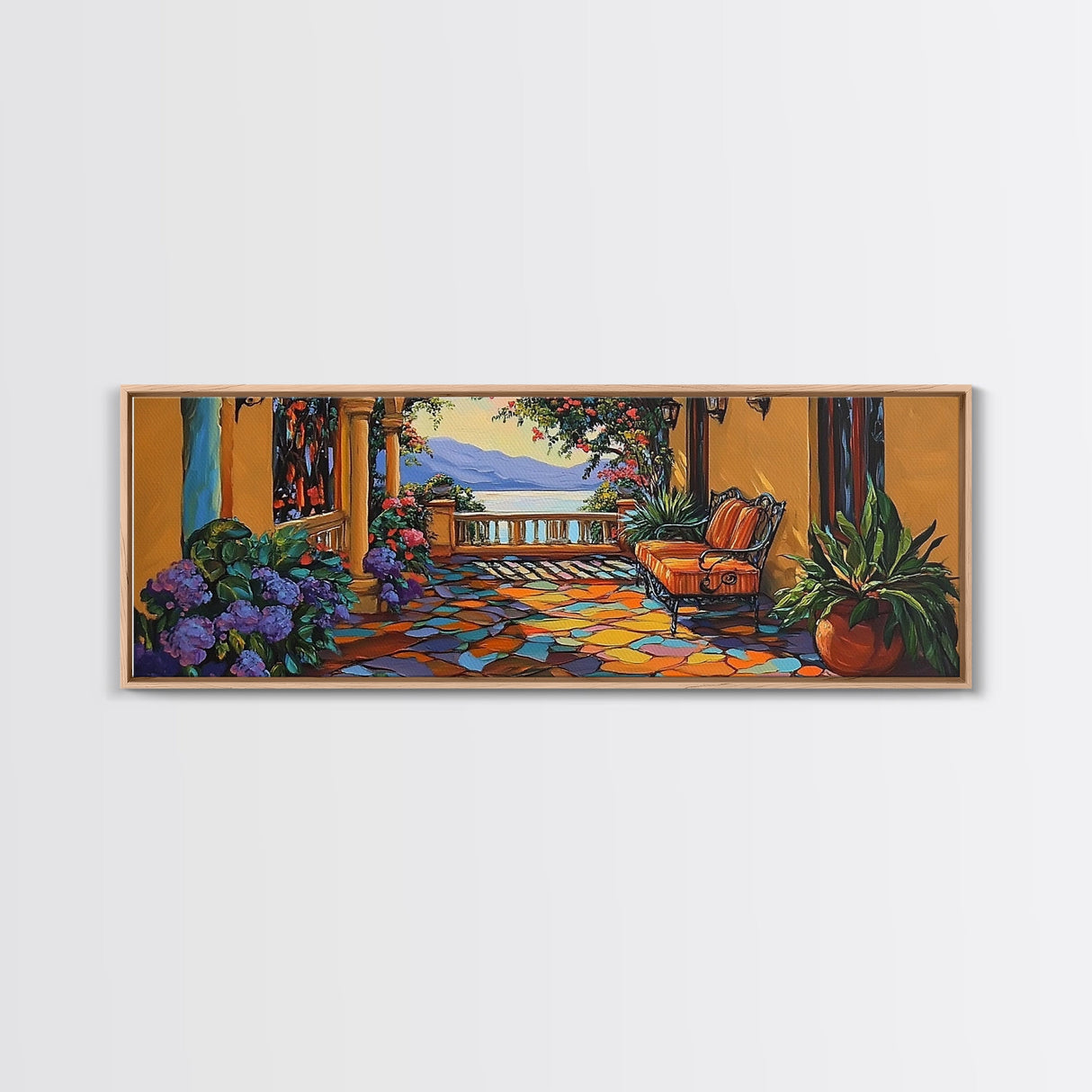 Garden Balcony, Mediterranean Villa, Sunset View, Cozy Terrace, Canvas Print, Tuscan Decor, Romantic Outdoor Wall Art