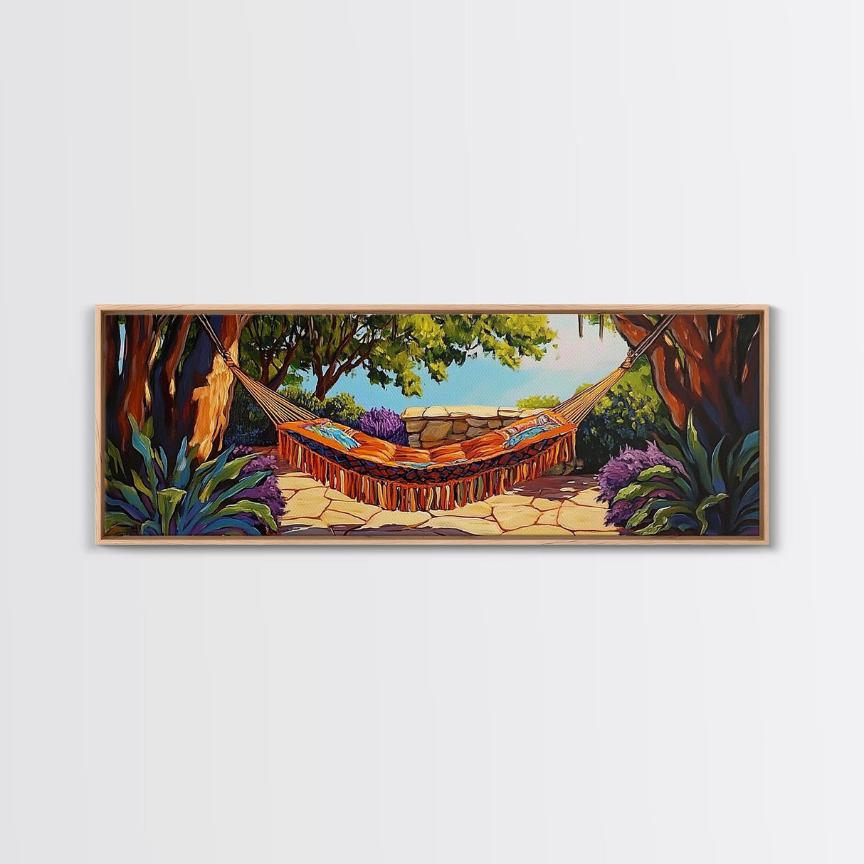 Hammock Retreat View, Relaxing Outdoor Space, Nature Art, Framed Canvas Print, summer art, patio decor, boho style, bedroom wall