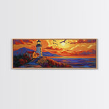 Seaside Lighthouse View, Sunset Birds, Coastal Dream, Framed Canvas Print, ocean wall art, rustic beach decor, entryway statement piece