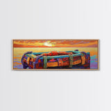 Sunset Raft, Ocean Stillness, Island Mood, Coastal Glow, Canvas Print, bathroom wall art, tropical nautical art, warm beach colors