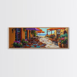 Coastal Café, Ocean View, Umbrella Patio, Bright Florals, Framed Canvas Print, Kitchen Wall Art, Mediterranean Style, Garden Dining Art