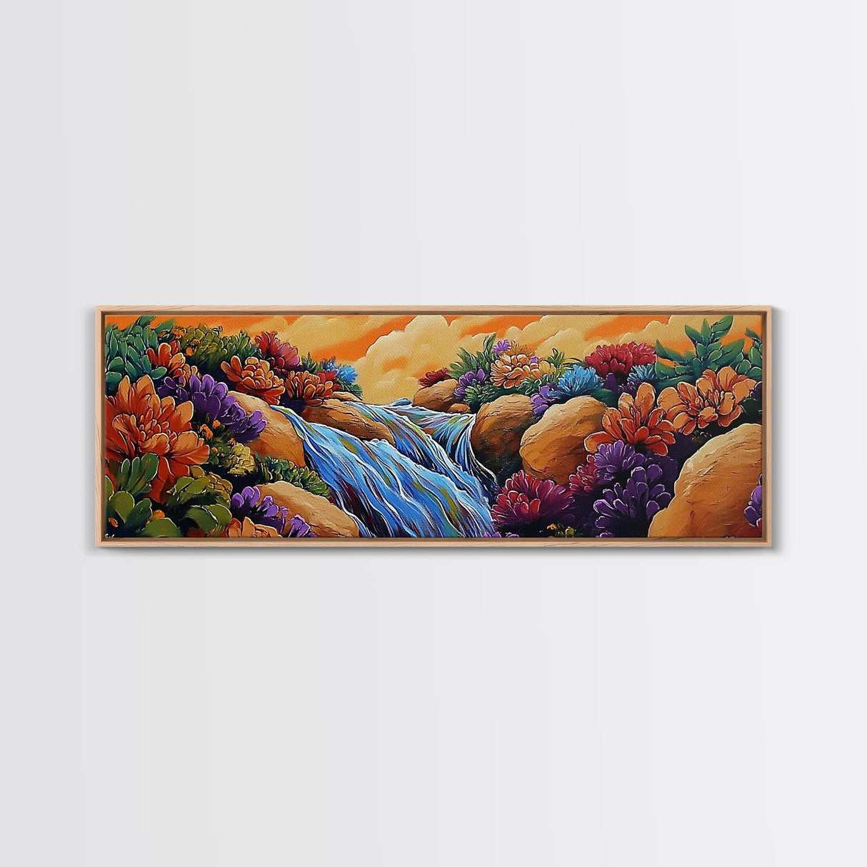 Waterfall Garden Scene, Colorful Floral Cascade, Fantasy Nature Artwork, Framed Canvas Print, Vibrant Bathroom or Entryway Art