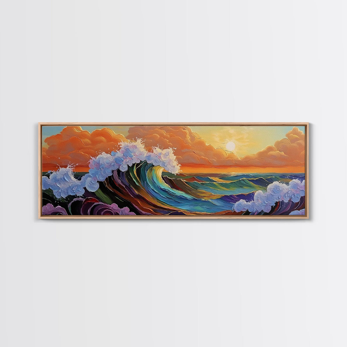 Sunset Ocean Wave, Colorful Seascape, Coastal Wall Decor, Living Room Art, Vibrant Beach Scene, Framed Canvas Print, Bold Brush Strokes