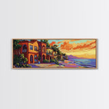 Coastal Village Sunset, Beach House Art, Vibrant Colorful Home Decor, Tropical Wall Style, Framed Canvas Print, Vacation Vibes