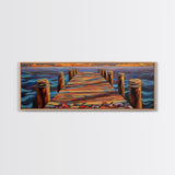 Wooden Dock Sunset, Ocean Pier Painting, Tranquil Seascape Decor, Nautical Beach House Style, Framed Canvas Print
