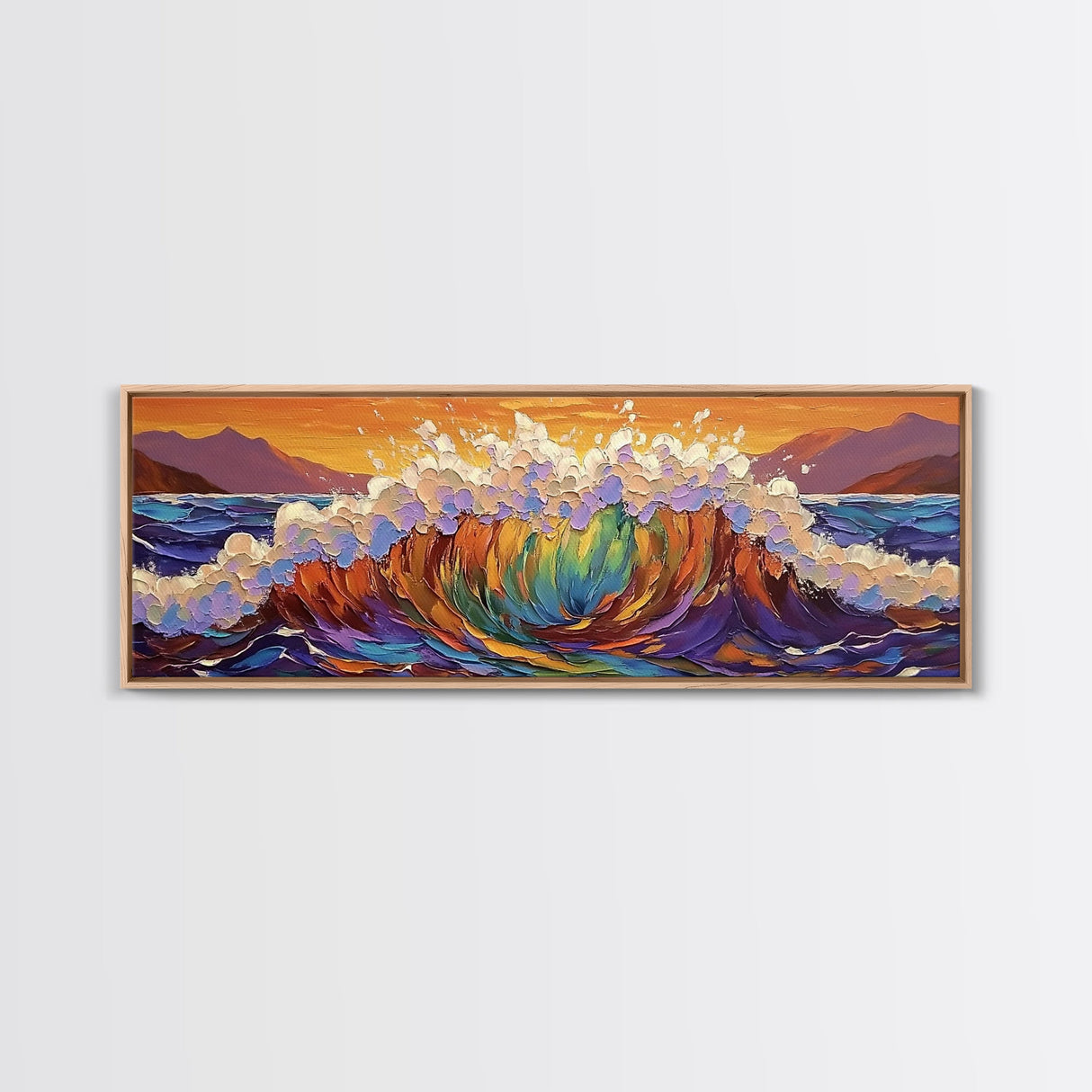 Rainbow Wave Splash, Ocean Energy Art, Vibrant Seascape, Framed Canvas Print, Coastal Living Room Decor, Surf Beach Wall Art, Boho Style