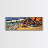 Rocky Shoreline Waves, Ocean Rocks Art, Seaside Spray, Framed Canvas Print, Bathroom Coastal Wall Art, Bold Beach Style, Nautical Decor