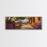 Garden Patio, Seaside Escape, Bright Cottage, Floral Path, Framed Canvas Print, Summer Porch Art, Kitchen Courtyard Painting