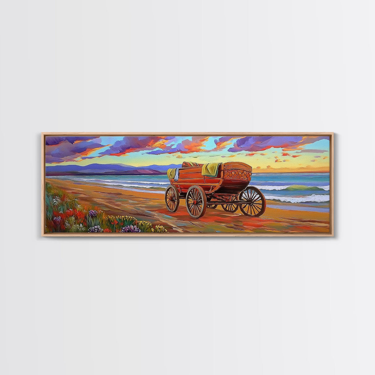 Wagon Beach, Country Ocean, Sunset Retreat, Rustic Cart, Framed Canvas Print, Farmhouse Coastal Art, Entryway Western Decor