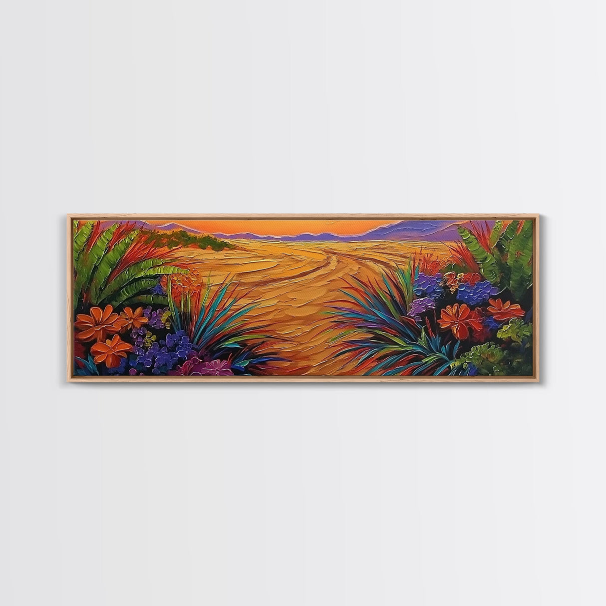 Golden Horizon Path, Vibrant Floral Border, Nature Sunset Painting, Framed Canvas Print, Bedroom Wall Art, Warm Color Landscape