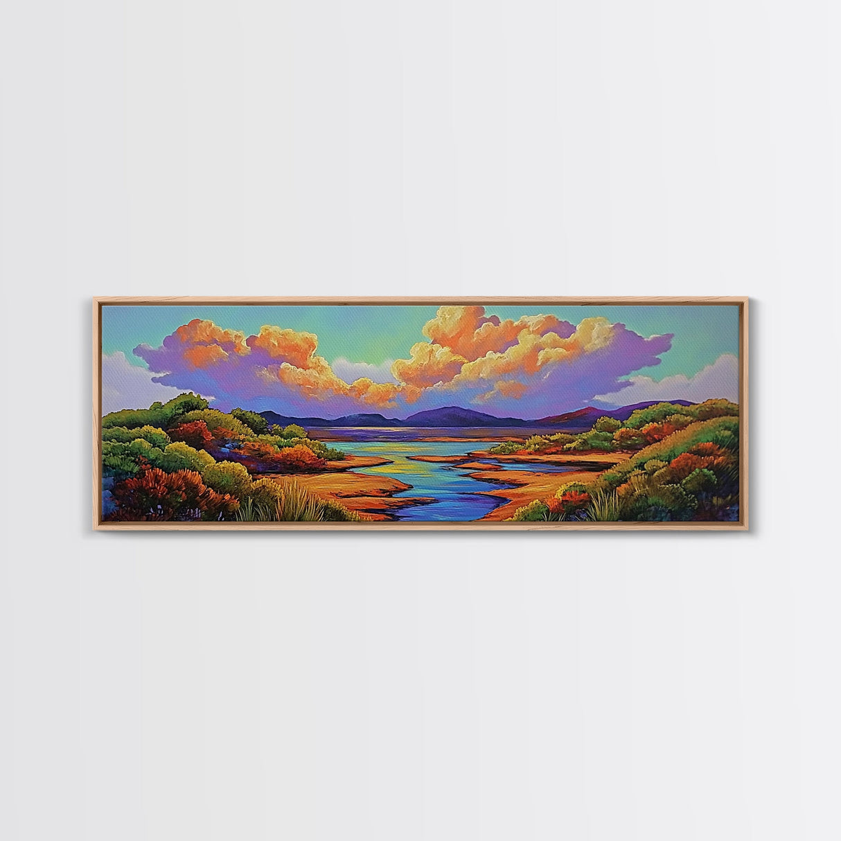 Serene River Sunset, Colorful Landscape Reflection, Nature Wall Scene, Framed Canvas Print, Bedroom Wall Art, Calming Scenic Artwork