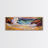Wave Crash, Rocky Beach, Golden Coast, Tropical Splash, Framed Canvas Print, Coastal Wall Art, Bold Bathroom Decor, Surf Art Style