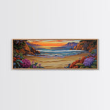Tranquil Beach Sunset, Colorful Coastal Scene, Ocean Cliff View, Floral Accents, Framed Canvas Print, Dining Room art,  Office Art