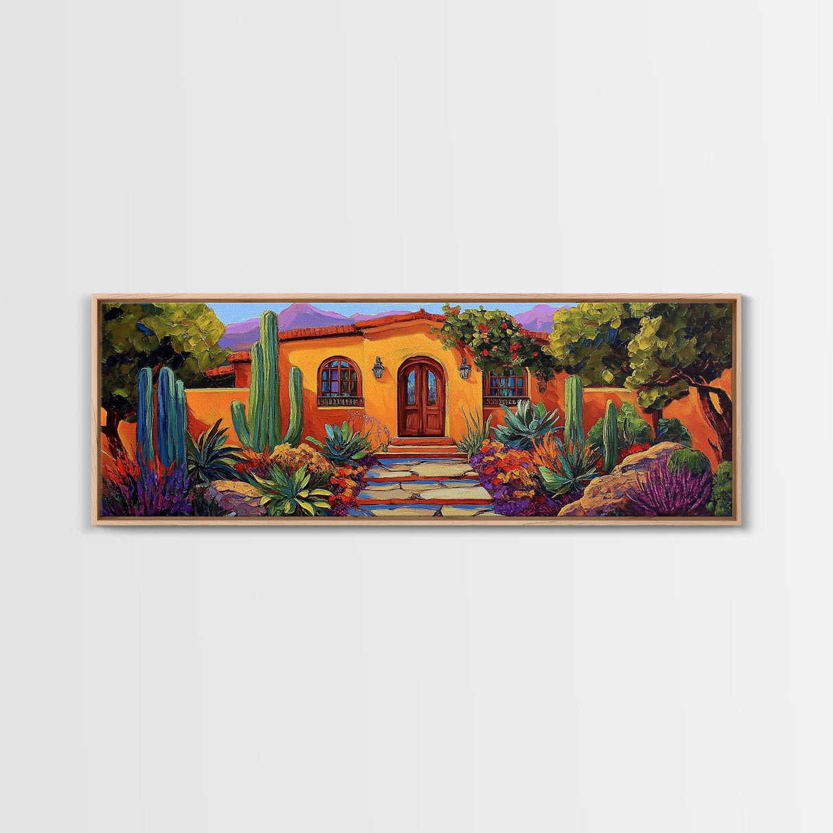 Southwest Garden Entrance, Cactus Desert Home, Rustic Charm, Framed Canvas Print, Living Room Wall Art, Vibrant Adobe Artwork