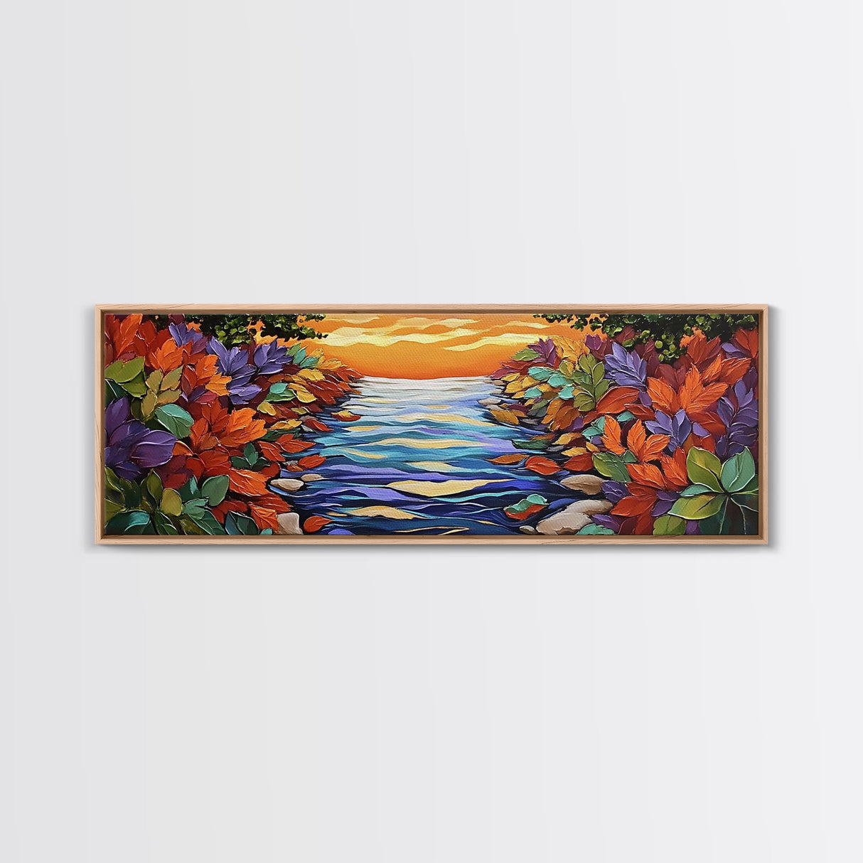 Autumn River Glow, Fall Leaf Reflections, Vibrant Nature Scene, Framed Canvas Print, Rustic Wall Art, Entryway or Dining Room Decor