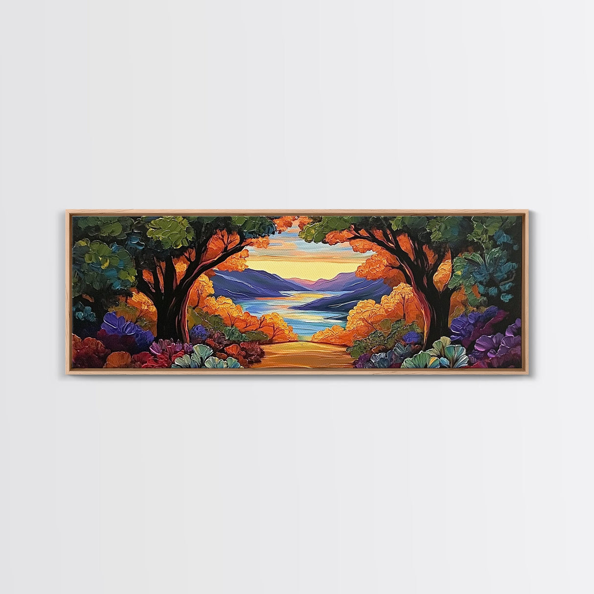 Autumn Lake View, Forest Path, Mountain Vibe, Framed Canvas Print, Fall Wall Art, Boho Landscape, Cozy Living Room Decor