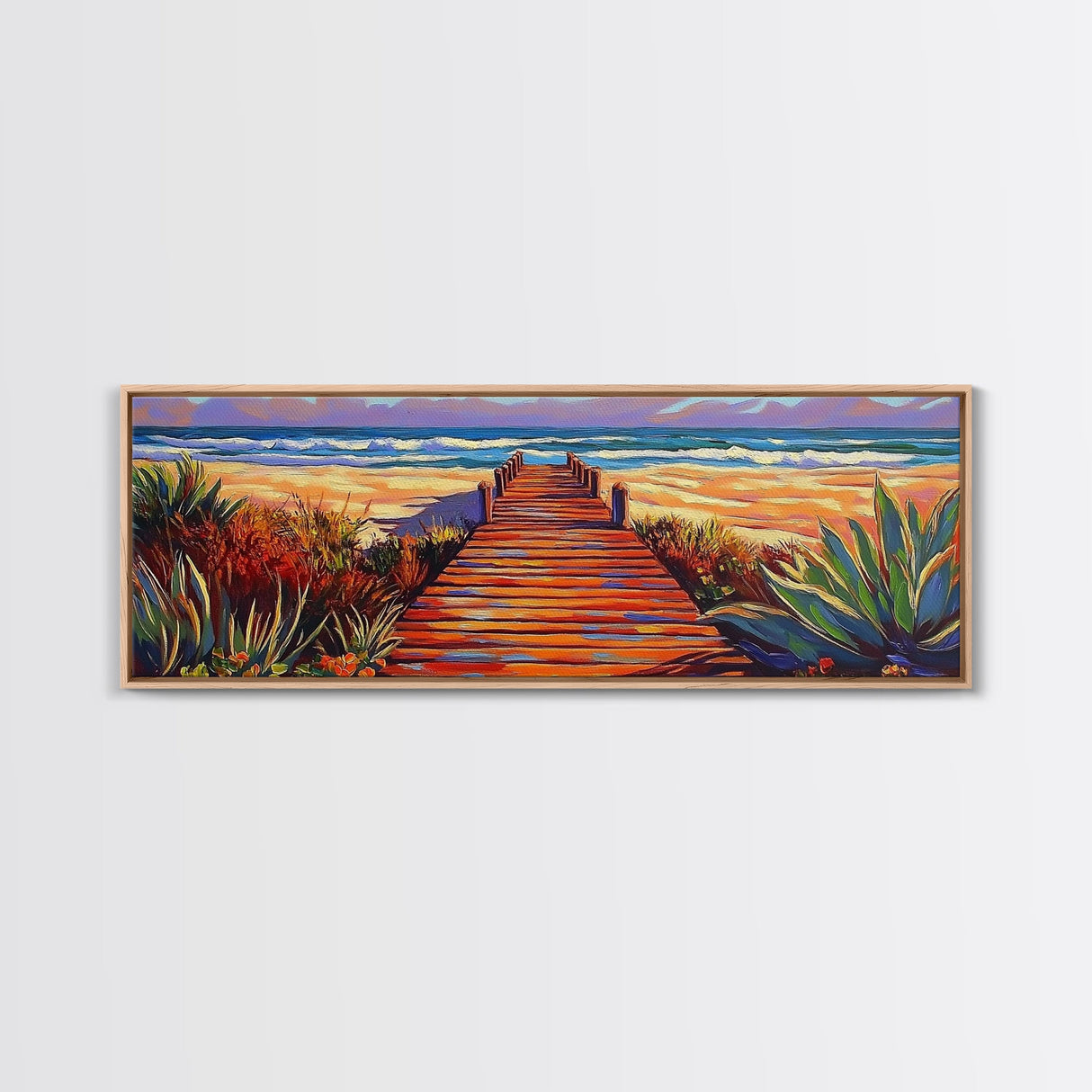 Seaside Path Art, Beach Boardwalk Print, Coastal Nature Scene, Tropical Living Room Wall Decor, Boho Style Framed Canvas Print