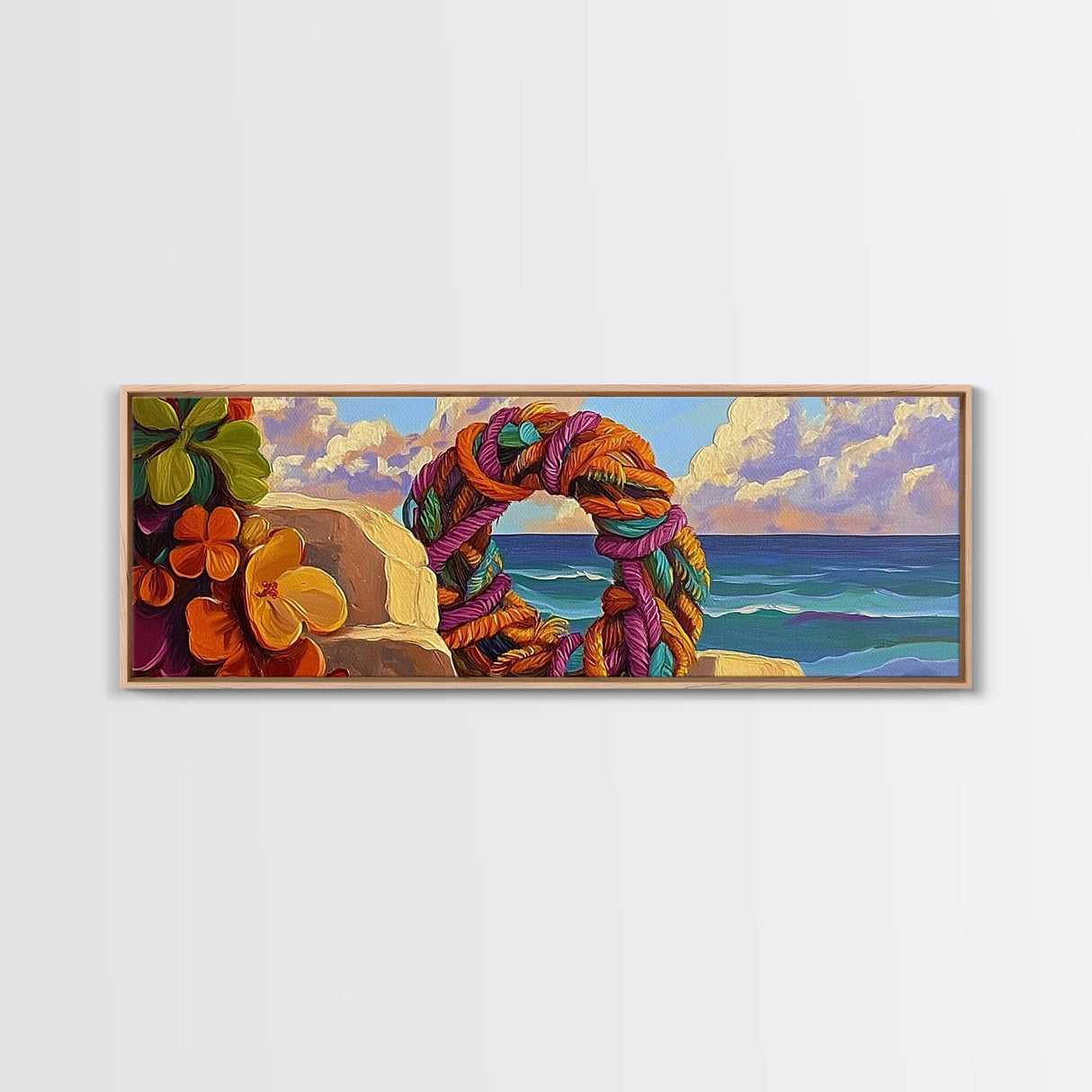 Coastal Wreath Art, Nautical Vibes, Colorful Rope, Framed Canvas Print, Beach House Wall Art, Summer Home Decor, Tropical Boho Art