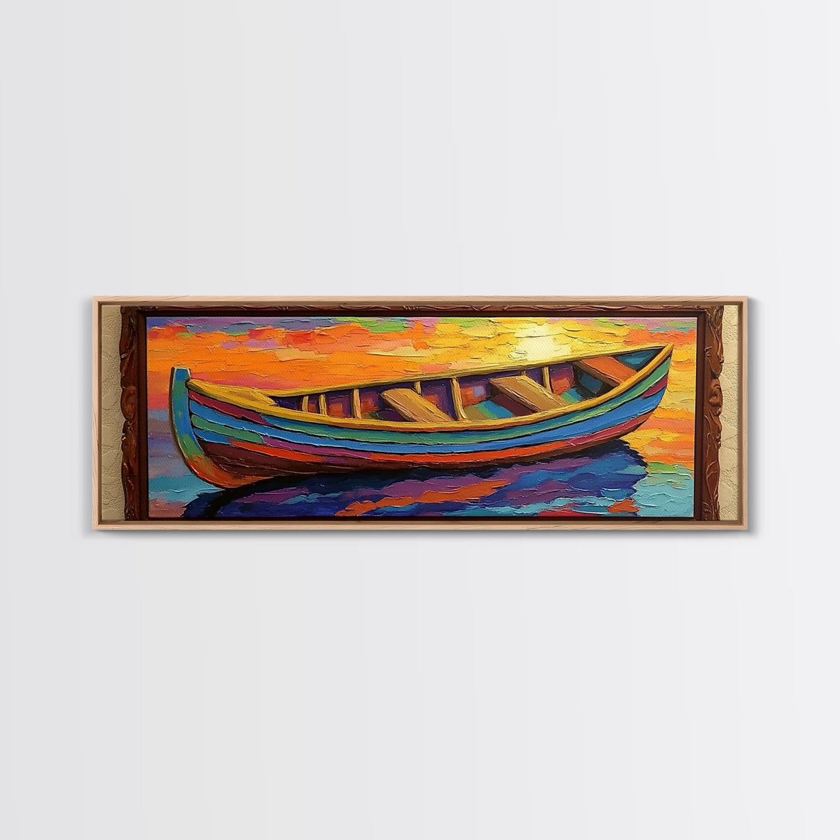 Colorful Boat, Sunset Reflection, Vibrant Seascape, Canvas Print, Nautical Living Room Wall Art, Coastal Decor, Bold Modern Art