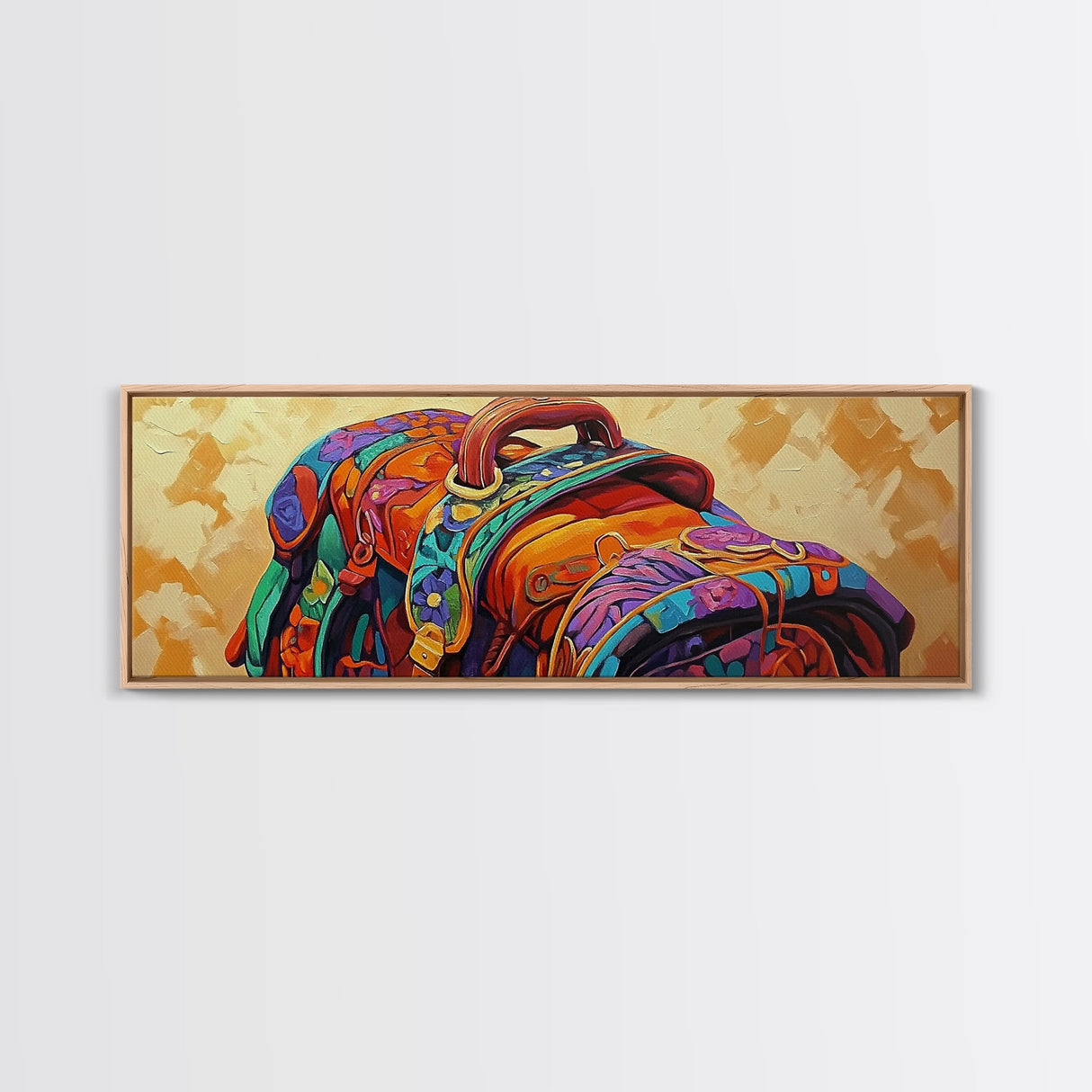 Leather Saddle, Western Gear, Bold Colors, Framed Canvas Print, Cowboy Rustic Wall Art, Boho Entryway Decor, Southwestern Farmhouse Style