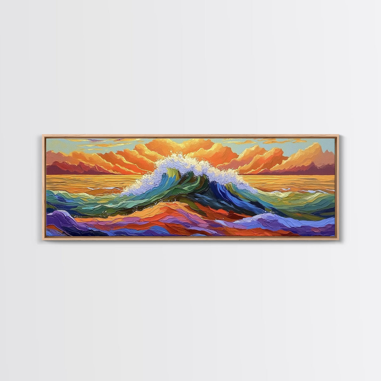 Vibrant Ocean Wave, Coastal Wall Art, Bold Sunset Seascape, Framed Canvas Print, Colorful Beach Decor, Nautical Bathroom Art
