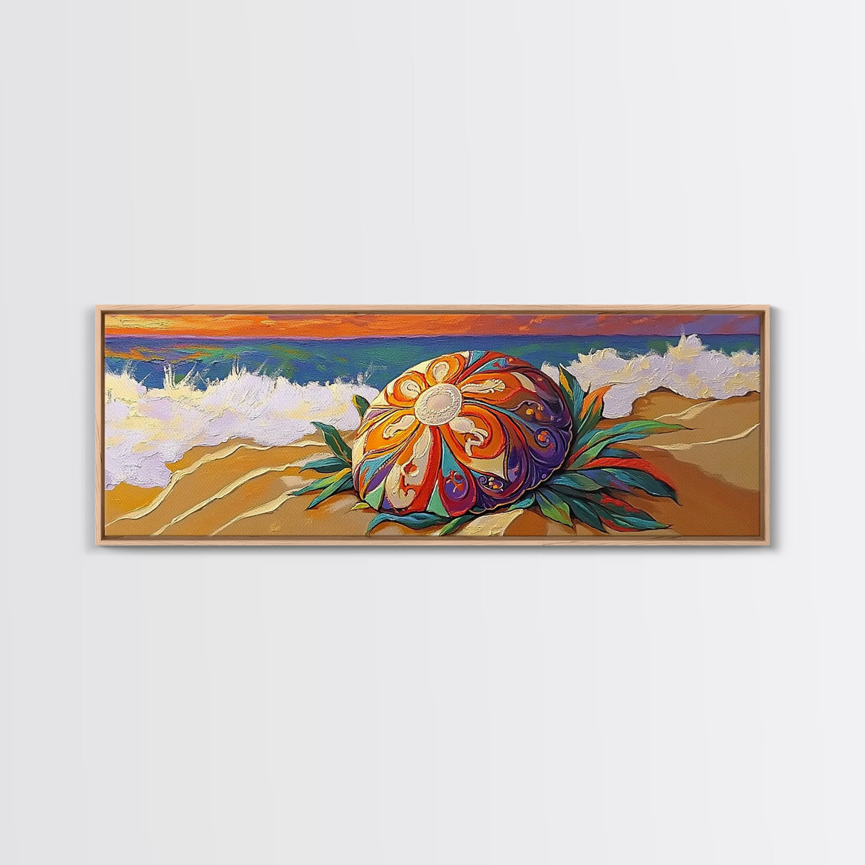 Sea Shell Flower, Ocean Breeze, Sunset Shoreline, Whimsical Beach Framed Canvas Print, Bathroom Wall Art, Tropical Coastal Art