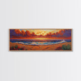 Sunset Coastline, Dramatic Sky, Evening Surf, Autumn Horizon Framed Canvas Print, Dining Room Wall Art, Moody Coastal Art