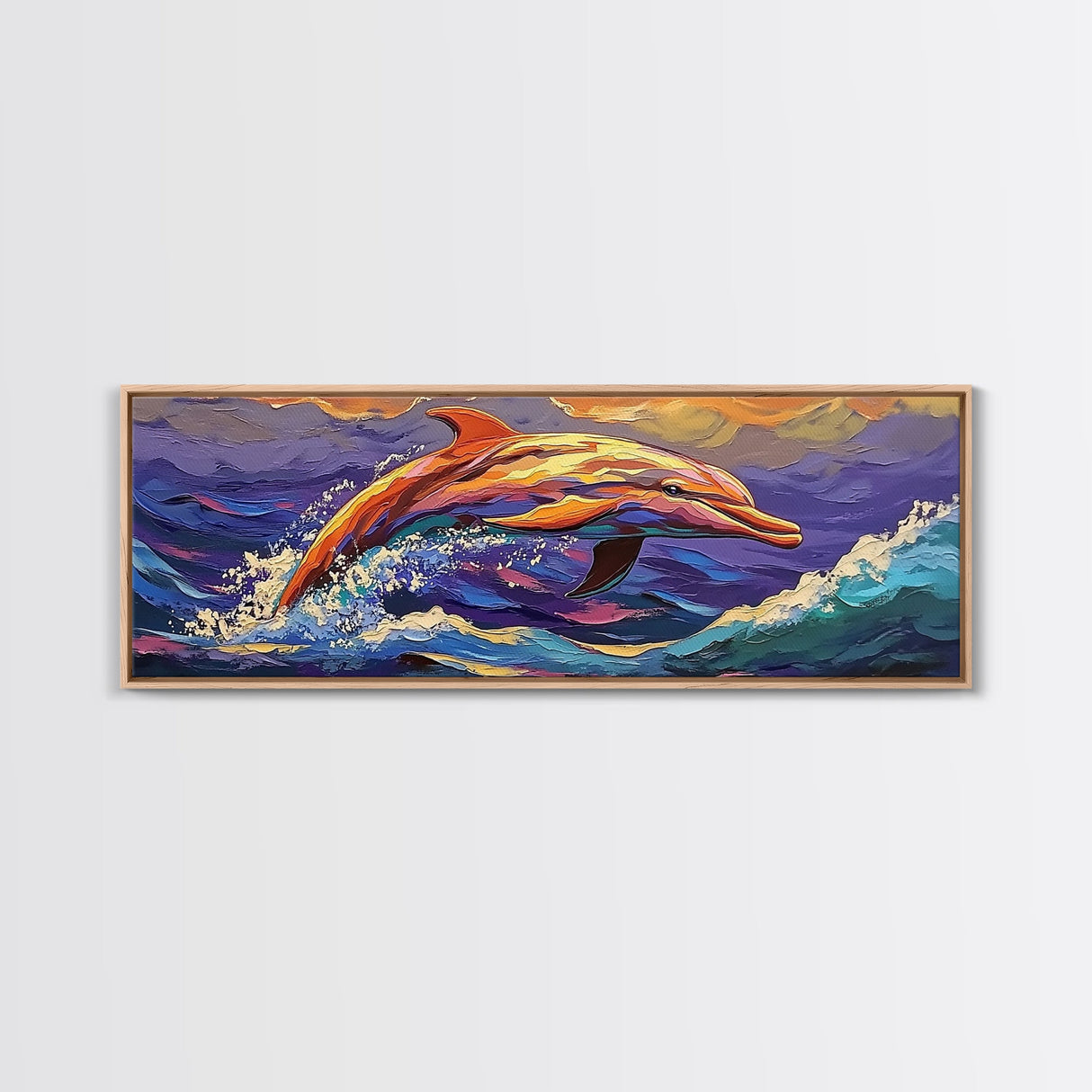 Vibrant Dolphin Art, Ocean Animal Painting, Kids Beach Room Decor, Bold Marine Life Style, Playful Framed Canvas Print, Coastal Vibes