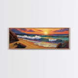 Sunset Beach, Coastal Rocks, Tranquil Shore, Golden Light, Framed Canvas Print beach house decor, minimalist landscape, bedroom art
