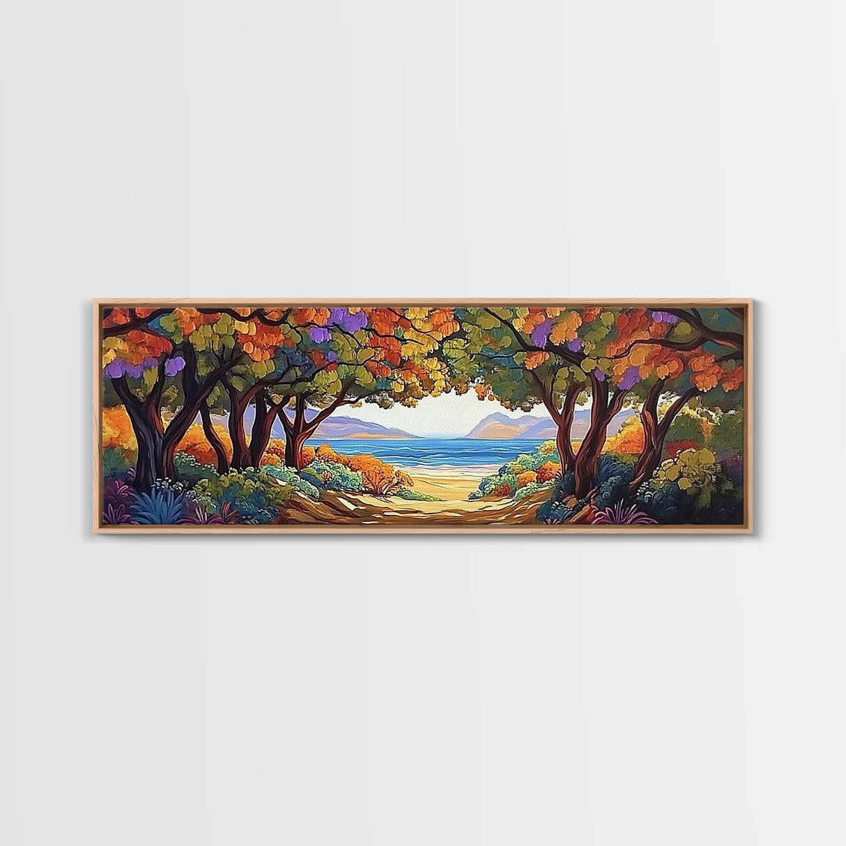 Seaside Trees, Autumn Canopy, Ocean View, Coastal Path, Framed Canvas Print colorful fall wall art, entryway decor, boho nature scene