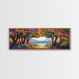 Seaside Trees, Autumn Canopy, Ocean View, Coastal Path, Framed Canvas Print colorful fall wall art, entryway decor, boho nature scene