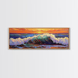 Breaking Wave Art, Sunset Ocean Surf, Bold Seaside Motion, Vibrant Coastal Palette, Framed Canvas Print, Bathroom Beach Decor
