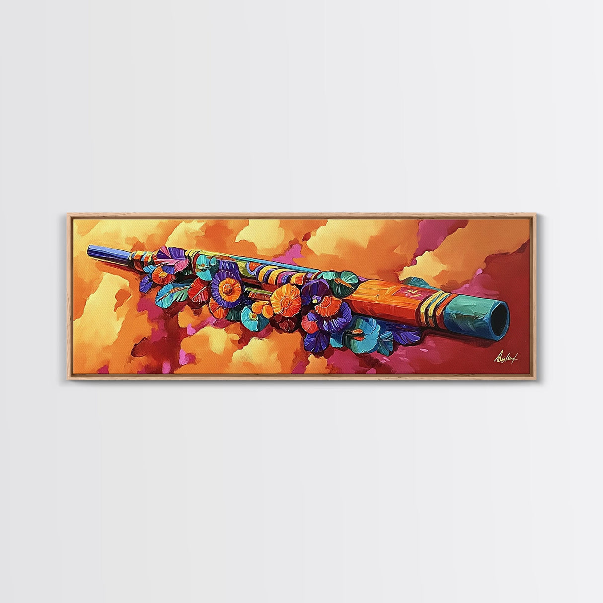 Painted Flute Art, Musical Decor Accent, Southwest Folk Music, Warm Boho Wall Vibe, Framed Canvas Print, Eclectic Music Room Art