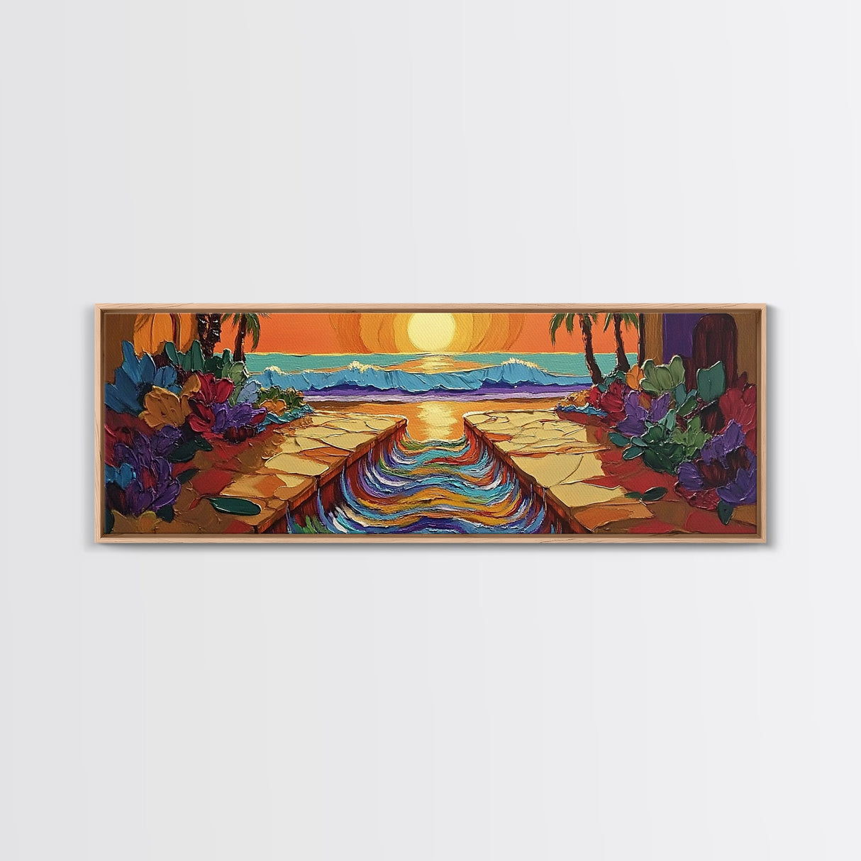 Sunset Path, Ocean View, Tropical Flowers, Canvas Print, Vibrant Beach House Wall Art, Bold Color Decor, Coastal Living Room Art
