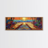 Sunset Path, Ocean View, Tropical Flowers, Canvas Print, Vibrant Beach House Wall Art, Bold Color Decor, Coastal Living Room Art