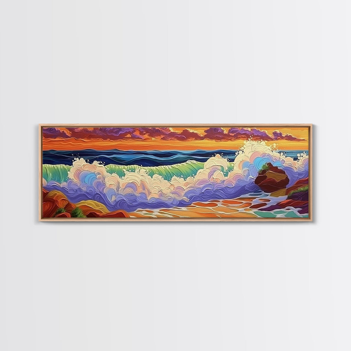 Ocean Waves, Splashing Surf, Bold Colors, Framed Canvas Print, Vibrant Coastal Wall Art, Bathroom Beach Decor, Tropical Ocean Vibes