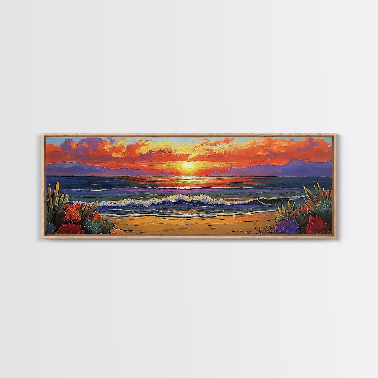Sunset Shoreline Glow, Coastal Floral Painting, Serene Nature Art, Canvas Print, Boho Beach Decor, Living Room or Bedroom Wall Art