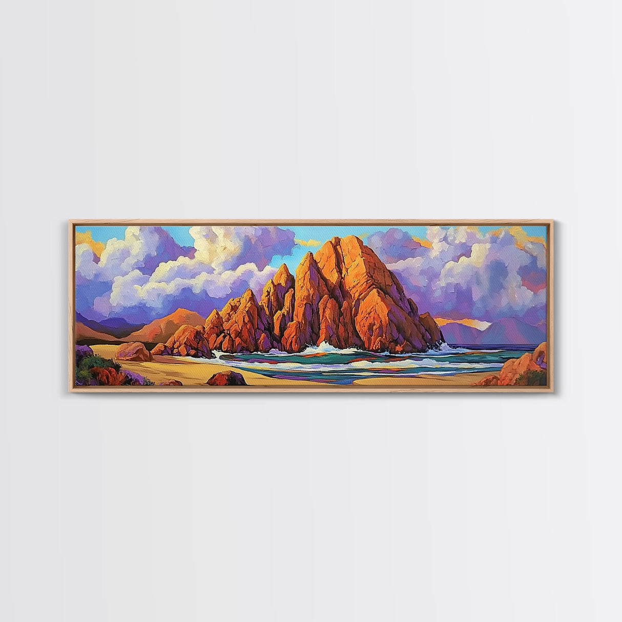 Rocky Beach Escape, Sunset Ocean View, Coastal Nature Art, Canvas Print, Tropical Wall Art, Bold Color Decor, Bedroom Seascape Art