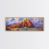 Rocky Beach Escape, Sunset Ocean View, Coastal Nature Art, Canvas Print, Tropical Wall Art, Bold Color Decor, Bedroom Seascape Art