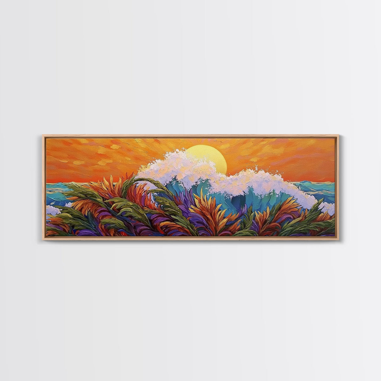 Sunset Wave, Colorful Spray, Ocean Burst, Warm Tones, Framed Canvas Print, surf-inspired bedroom art, coastal decor, tropical fall wall piece