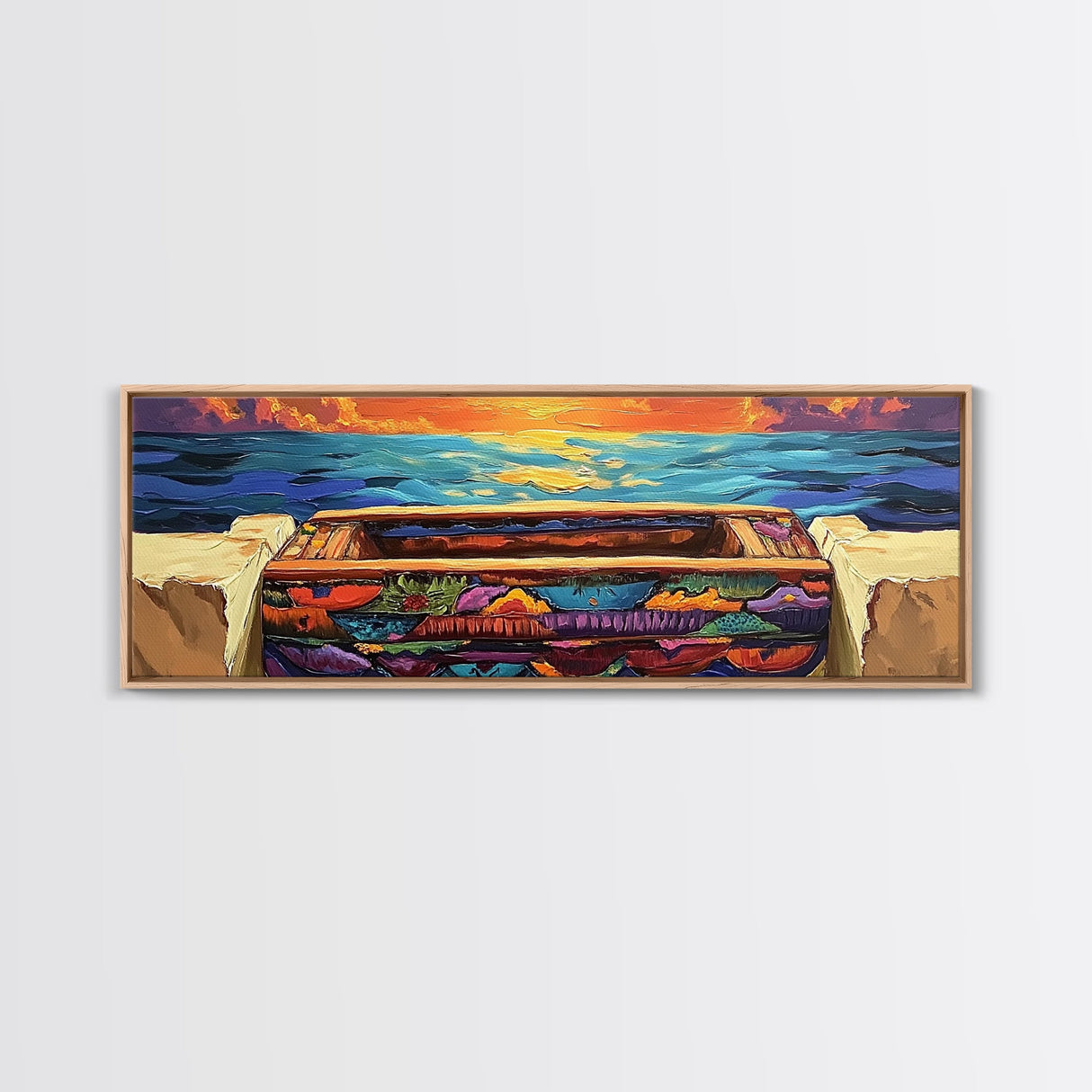 Sunset Pier, Ocean Horizon, Bold Seascape, Framed Canvas Print, Beach House Wall Art, Coastal Dining Room Decor, Vibrant Nautical Art