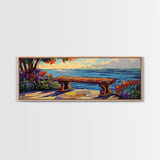 Ocean Bench Scene, Tranquil Moment, Sunset by Sea, Nature Retreat, Canvas Print, Beach House Decor, Impressionist Coastal Wall Art