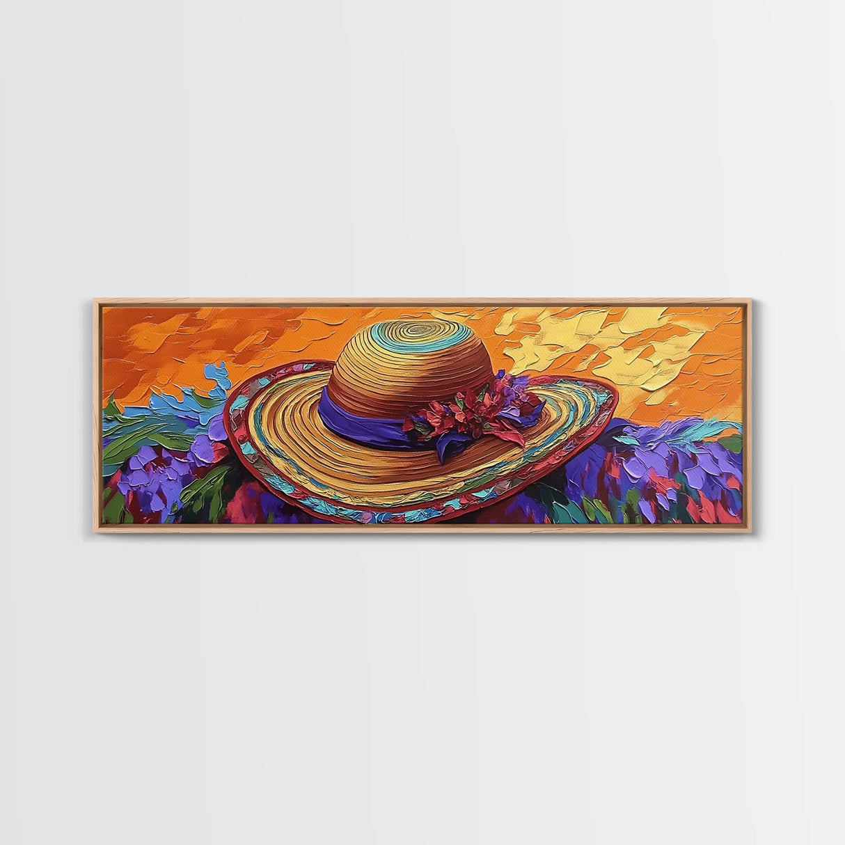 Sun Hat Painting, Floral Accent, Bold Texture, Summer Vibes, Framed Canvas Print, Boho Wall Art, Bedroom or Dressing Room Decor