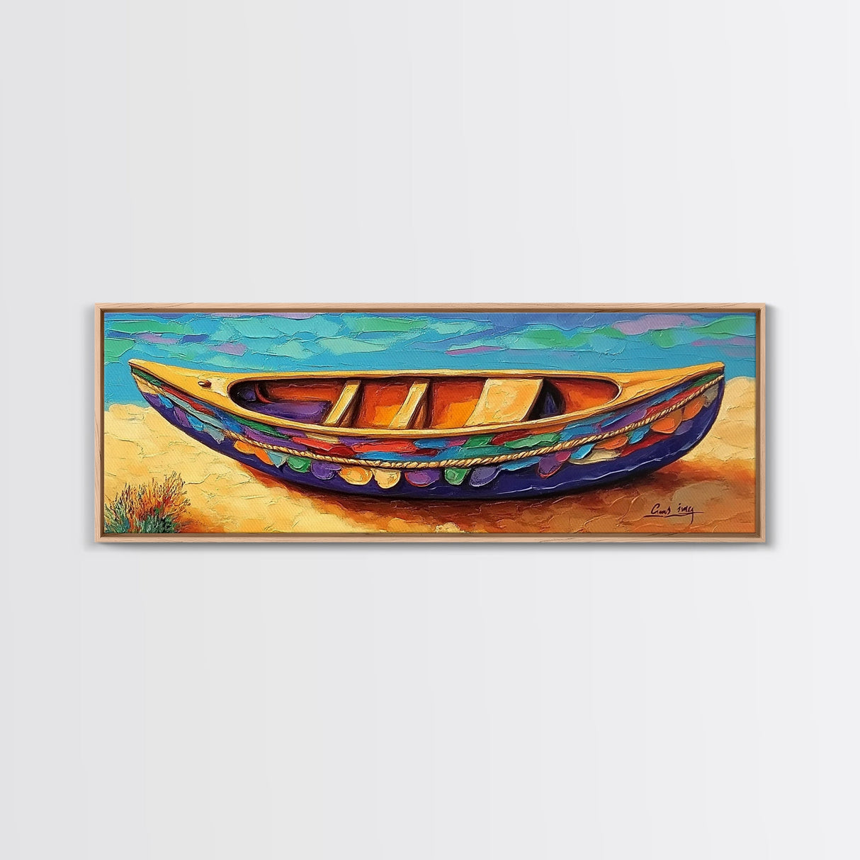 Colorful Canoe Art, Vibrant Coastal Boat, Tropical Beach Vibes, Canvas Print, Boho Beach Decor, Nautical Wall Art, Bathroom Art