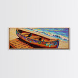 Floral Canoe Painting, Beachside Dock Art, Coastal Decor Accent, Canvas Print, Nautical Wall Art, Boho Beach House Living Room